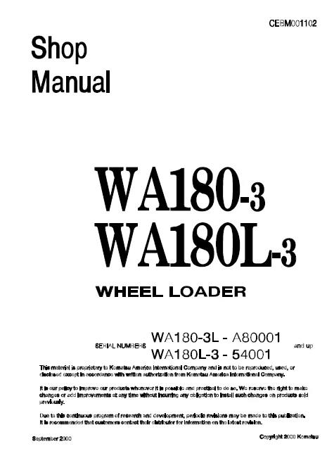 MANUAL SERVICIO EXCAVADORA WHEEL LOADERS SHOP MANUAL KOMATSU WA180-3 WA180L-3