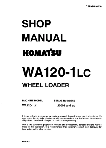 MANUAL SERVICIO EXCAVADORA WHEEL LOADERS SHOP MANUAL KOMATSU WA120-1LC