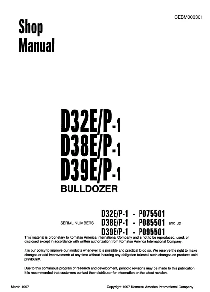 MANUAL SERVICIO EXCAVADORA SHOP MANUAL KOMATSU D32E/P-1. D38E/P-1. D39E/P-1 BULLDOZER