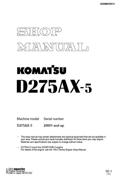 MANUAL SERVICIO EXCAVADORA SHOP MANUAL KOMATSU D275AX-5