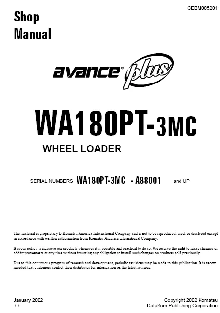MANUAL SERVICIO EXCAVADORA WHEEL LOADERS SHOP MANUAL KOMATSU WA180PT-3MC