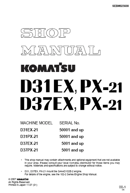 MANUAL SERVICIO EXCAVADORA SHOP MANUAL KOMATSU D31EX, PX-21. D37EX, PX-21