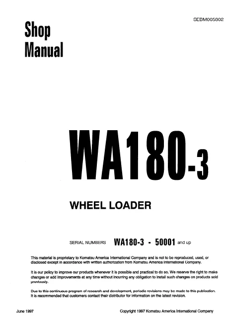 MANUAL SERVICIO EXCAVADORA WHEEL LOADERS SHOP MANUAL KOMATSU WA180-3
