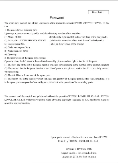 MANUAL PARTES EXCAVADORA FOTON FR220-7