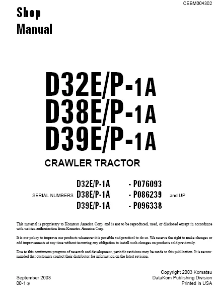 MANUAL SERVICIO EXCAVADORA SHOP MANUAL KOMATSU D32E/P-1A, D38E/P-1A, D39E/P-1A