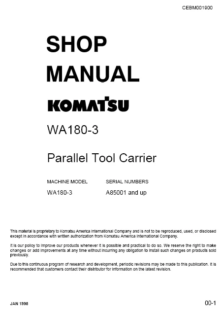 MANUAL SERVICIO EXCAVADORA WHEEL LOADERS SHOP MANUAL KOMATSU WA180PT-3MC