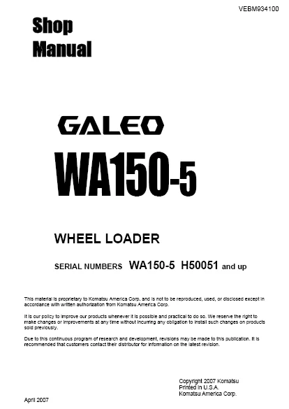 MANUAL SERVICIO EXCAVADORA WHEEL LOADERS SHOP MANUAL KOMATSU WA150-5