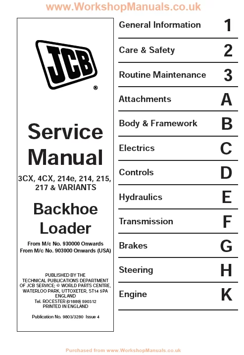 JCB BACKHOE LOADER SERVICE MANUAL 3CX, 4CX, 214E, 214, 215, 217