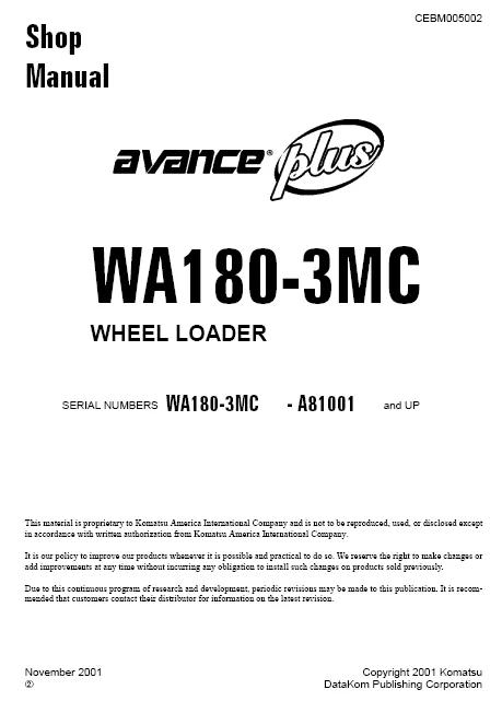 MANUAL SERVICIO EXCAVADORA WHEEL LOADERS SHOP MANUAL KOMATSU WA180-3MC
