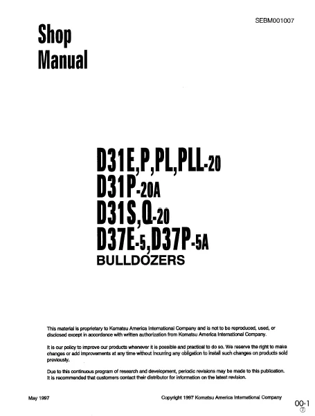 MANUAL SERVICIO EXCAVADORA SHOP MANUAL KOMATSU D31E, P, PL.PLL-20 D31P-20A 31S, Q-20 D37E-5, D37P-5A BULLDOZERS