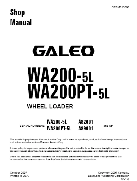 MANUAL SERVICIO EXCAVADORA WHEEL LOADERS SHOP MANUAL KOMATSU WA200-5L WA200PT-5L