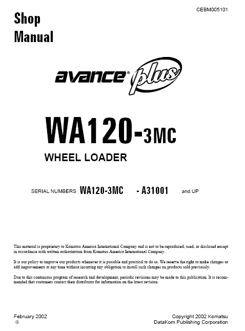 MANUAL SERVICIO EXCAVADORA WHEEL LOADERS SHOP MANUAL KOMATSU WA120-3MC