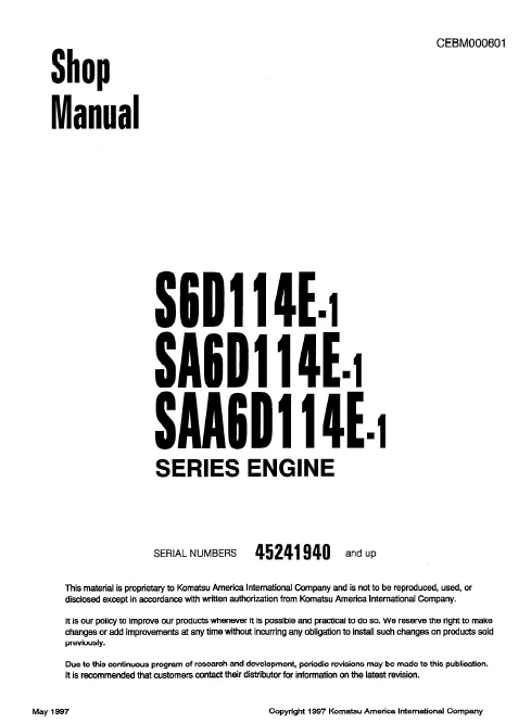 MANUAL SERVICIO KOMATSU ENGINE SERIE SHOP MANUAL S6D114E-1 SA6D114E-1 SAA6D114-E1