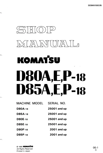 MANUAL SERVICIO EXCAVADORA SHOP MANUAL KOMATSU D80A, E, P-18, D85A, E, P-18