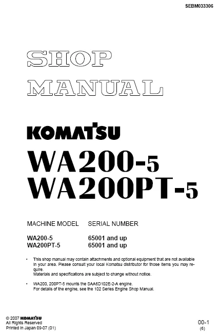MANUAL SERVICIO EXCAVADORA WHEEL LOADERS SHOP MANUAL KOMATSU WA200-5 WA200PT-5