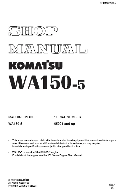 MANUAL SERVICIO EXCAVADORA WHEEL LOADERS SHOP MANUAL KOMATSU WA150-5