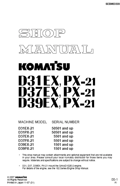 MANUAL SERVICIO EXCAVADORA SHOP MANUAL KOMATSU D31EX, PX-21. D37EX, PX-21. D39EX, PX-21