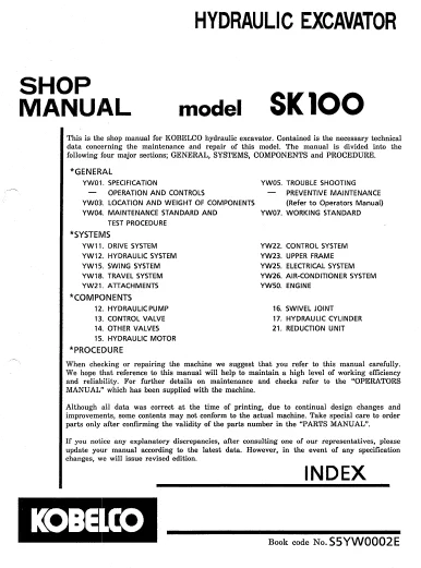 MANUAL SERVICIO EXCAVADORA KOBELCO SK100