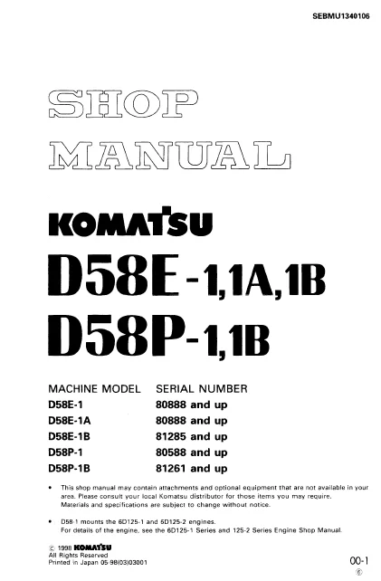MANUAL SERVICIO EXCAVADORA SHOP MANUAL KOMATSU D58E-1, 1A, 1B. D58P-1, 1, 1B