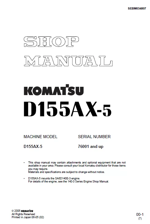 MANUAL SERVICIO EXCAVADORA SHOP MANUAL KOMATSU D155AX-5