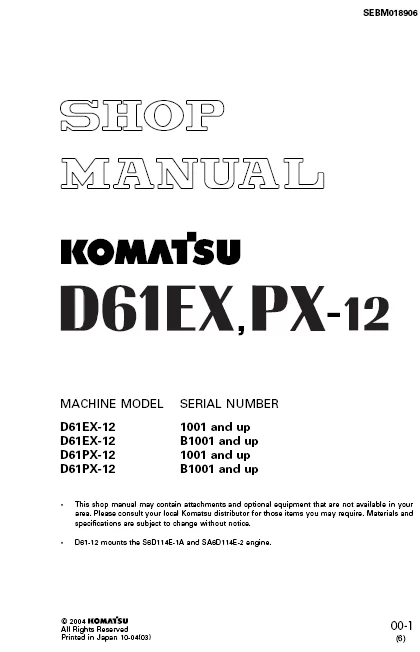 MANUAL SERVICIO EXCAVADORA SHOP MANUAL KOMATSU D61EX, PX-12