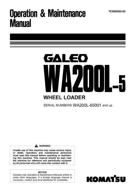 MANUAL SERVICIO EXCAVADORA WHEEL LOADERS KOMATSU WA200L-5 TEN00080-00
