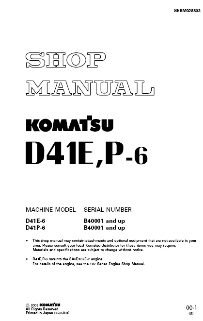 MANUAL SERVICIO EXCAVADORA SHOP MANUAL KOMATSU D41E, P-6
