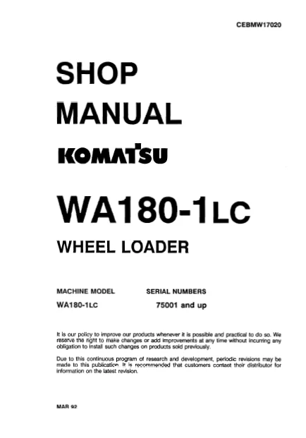 MANUAL SERVICIO EXCAVADORA WHEEL LOADERS SHOP MANUAL KOMATSU WA180-1LC