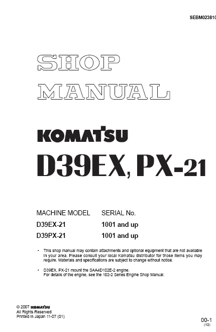 MANUAL SERVICIO EXCAVADORA SHOP MANUAL KOMATSU D32E/P-1A, D38E/P-1A, D39E/P-1A, PX-21